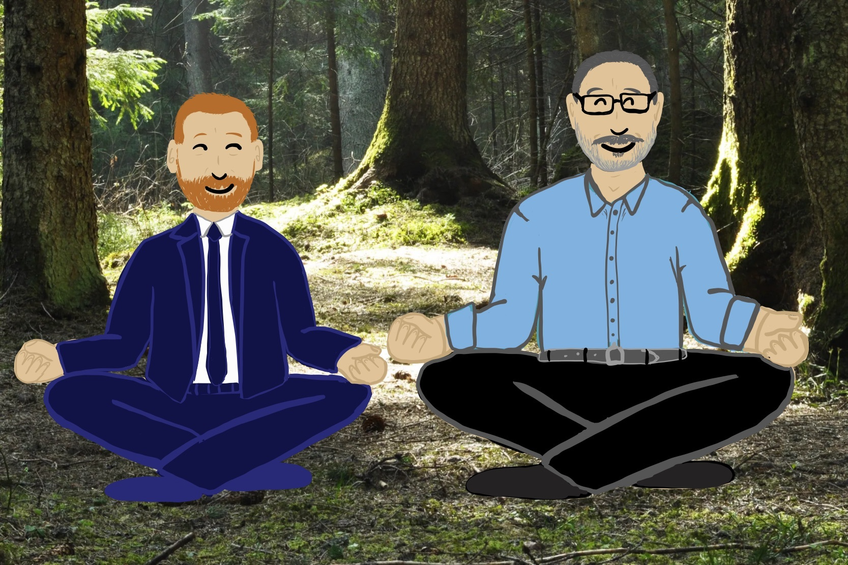 Illustration of Sean Steinmarc and Glenn Karaban meditating in a forest